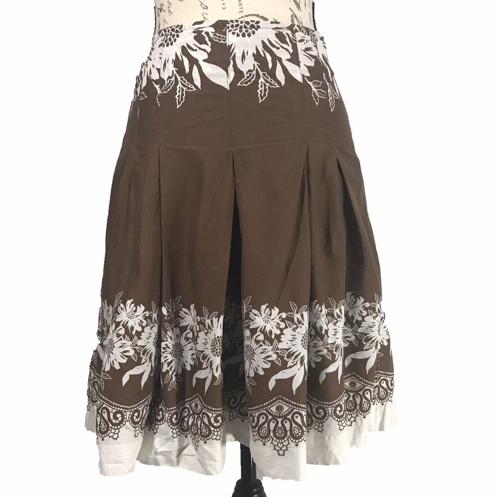 Ann Taylor LOFT Skirt 2 P SMALL Lined Brown White Sunflowers Pleat Cotton Full‎